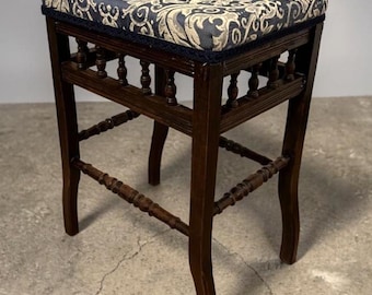 Vintage Upholstered Stool Wooden Frame Turned Legs Spindle Detail 54cm Height