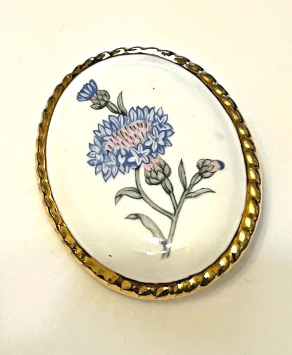 Mid Century Aynsley Fine China Brooch in Blue Pink & White with Flower Detail