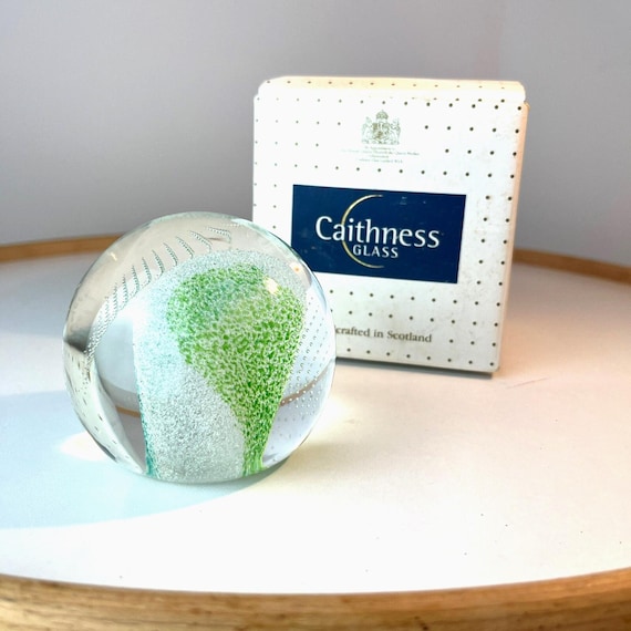 Vintage Caithness Glass Paperweight. Green & Clear, Controlled Bubble Art Glass