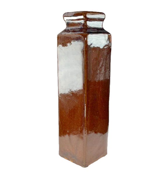Mid Century Slab Pottery Vase – Brown Treacle Glaze Stoneware 31cm