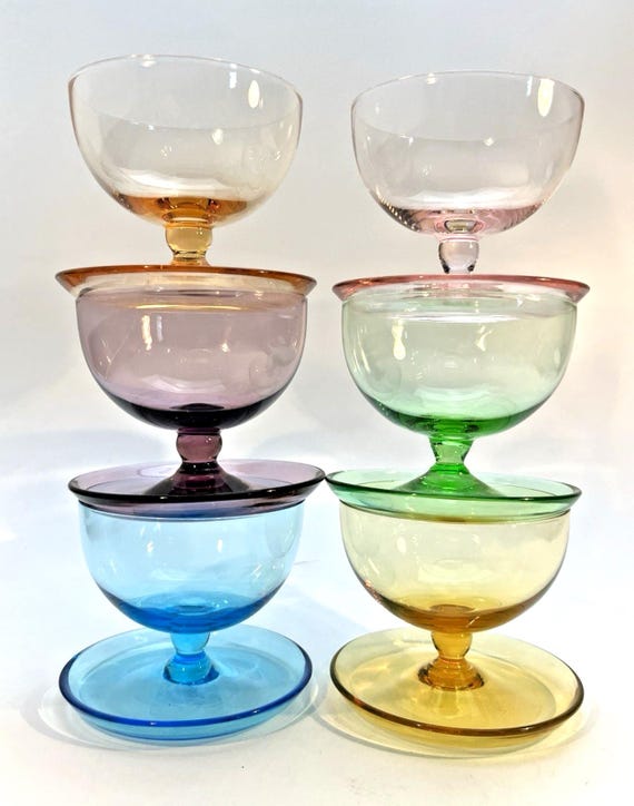 6 Vintage Harlequin Glass Sundae Dishes with Drip Tray. VGC Coloured Glass Retro