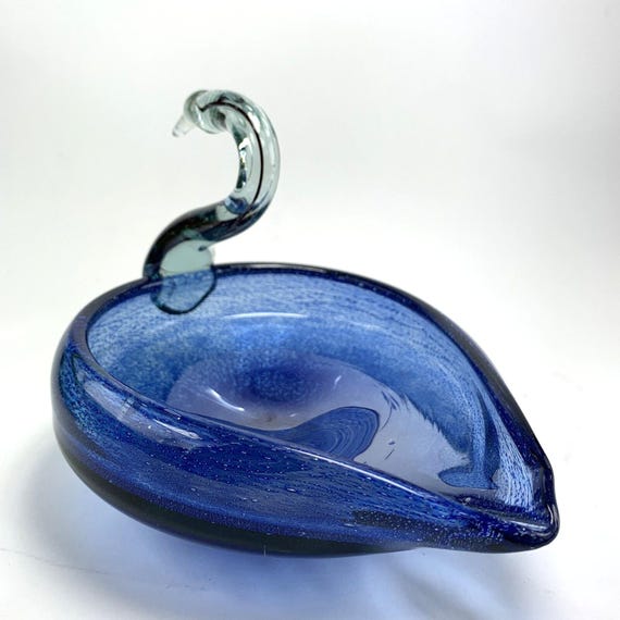 Vintage Murano Glass Swan, Mid Century Murano Art Glass In Blue And Clear Glass. Decorative Bowl, Trinket Bowl or Ash Tray