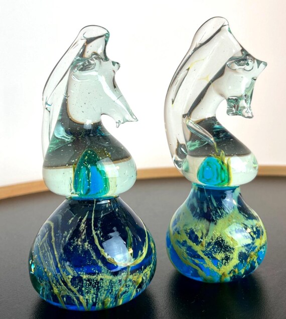 Pair of Mdina Glass Seahorse Paperweights Signed Figurine Maltese Glass VGC