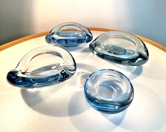 Holmegaard Per Lutken Akva Glass Ashtrays Signed 17199 & 15788 Mid Century Art