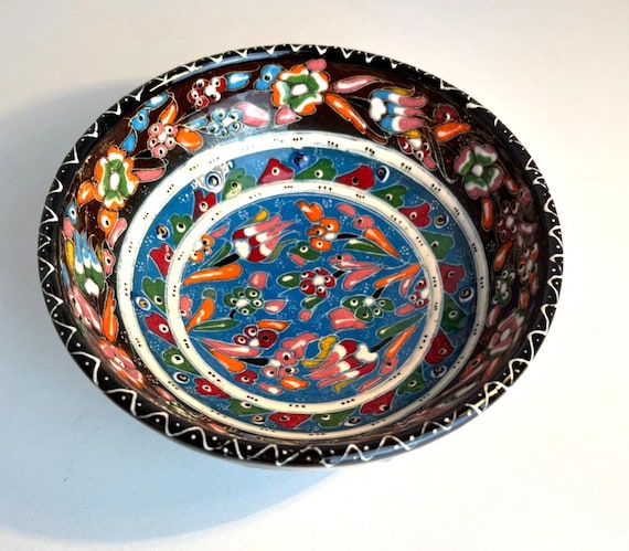 Vintage Turkish Hand Painted Floral Ceramic Pottery Bowl Trinket Dish W16cm H6cm