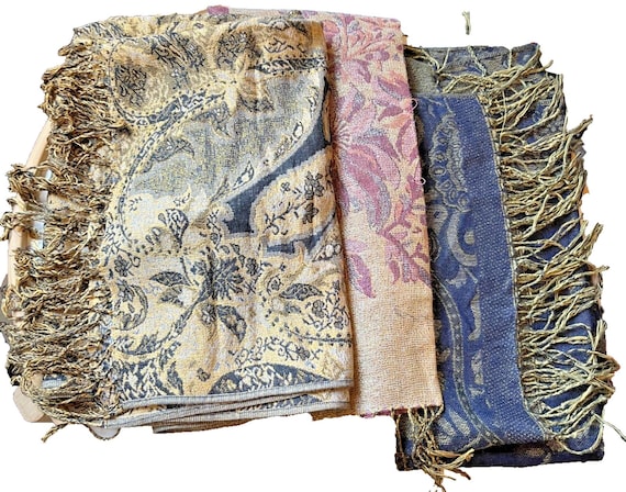 Set of 3 Pashminas Pashmina & Silk in Blue Gold, Pink Gold, Black Gold VGC