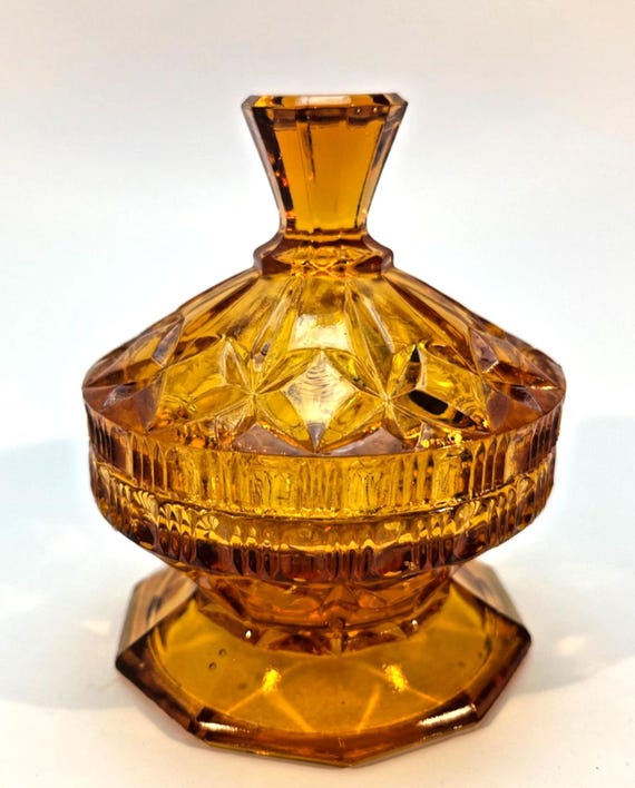 Art Deco Amber Glass Trinket Bowl in Pressed Amber Glass 1930s Pedestal Bowl