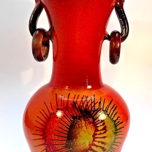 Mid Century Pottery Urn Style Vase. Red Green & Brown Vase for Flowers H29cm W16