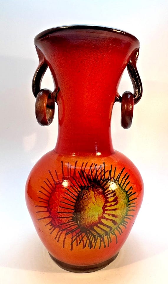 Mid Century Pottery Urn Style Vase. Red Green & Brown Vase for Flowers H29cm W16