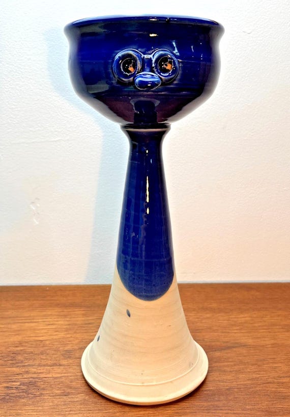 Vintage Studio Pottery Planter Face Motif Cobalt Blue Cream Stoneware Goblett