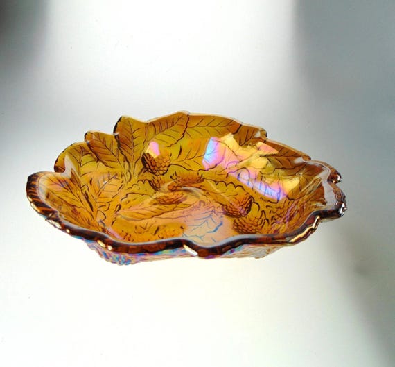 Amber Glass Dish with Floral Detailing in Warm Amber / Marigold Lustre Tone