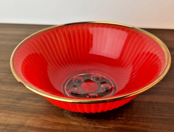 1950s Serving Bowl in Red & Clear Glass. Rippled Glass Pattern