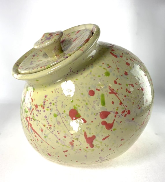 Vintage Splatter Cookie Jar or Flour Jar in Yellow, Pink & Green in Ceramic
