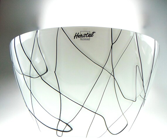 Herstal White Glass Bowl with Black Drizzle Detail. Danish Glass Bowl