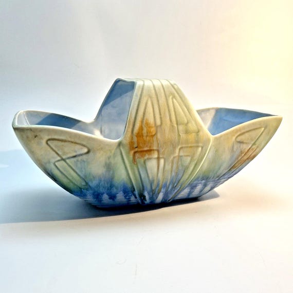 Beswick Pottery Hand Painted Basket Art Deco Number 475 in Blue & Beige Matte VGC