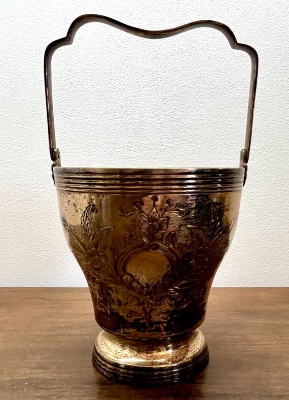 Antique Silver Plated Ice Bucket with Swing Handle & Pierced Liner