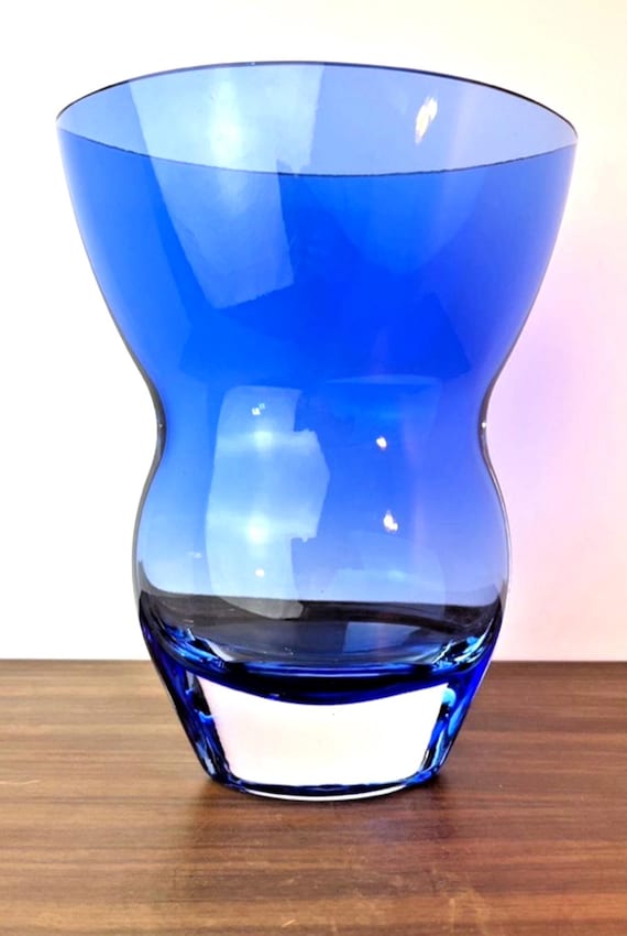 1980s Krosno Blue Oval Glass Vase Handmade Poland Hand Blown Cobalt Blue Glass