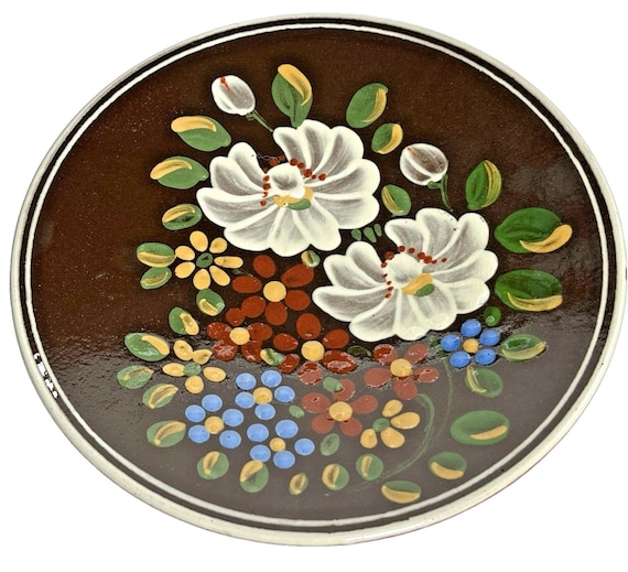 Vintage Decorative Wall Plate, Hand Painted Floral Detail on Pottery
