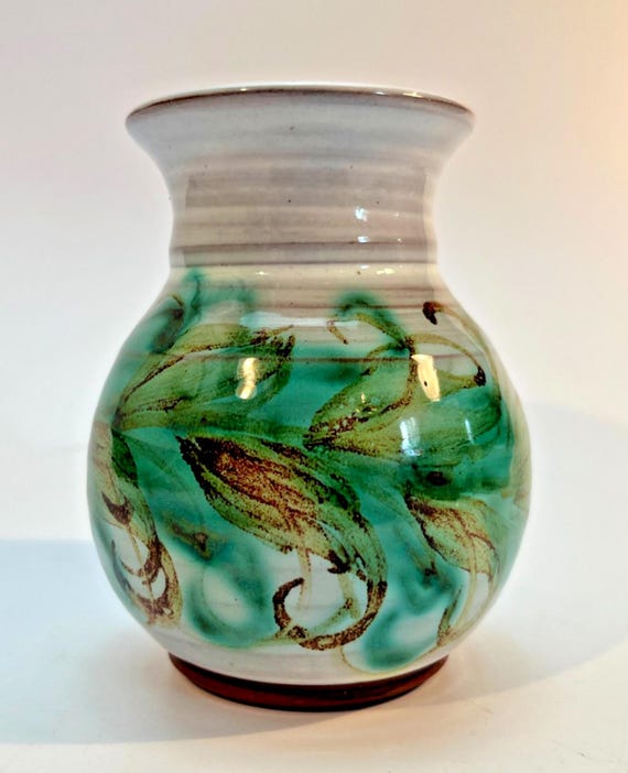 Vintage Skegness Pottery Studio Art Pottery Vase, Hand Painted in Green & Brown