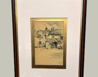 Ingelijste vintage print door F. Robson The King George Hotel, Barnet, ondertekend door kunstenaar 51 x 36 cm