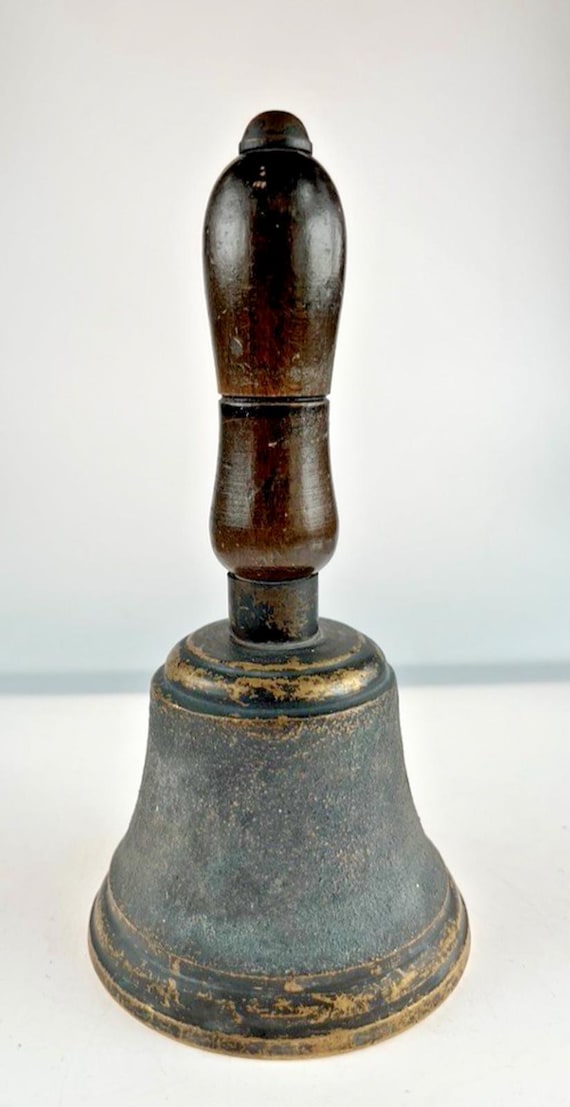 Antique Bronze School Bell, Convict Bell or Alarm Bell with Wood Handle H16cm