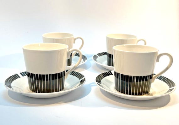 Royal Osborne Black & White Cups and Saucers: Mid-Century Fine Bone China