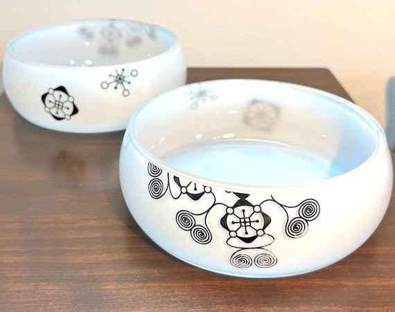 Vintage Italian White Art Glass Bowl with Black Abstract Design Handmade
