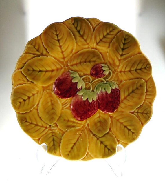 Set of 5 Fruit Side Plates by Sarreguemines, France. 1940s Majolica Dessert Plates