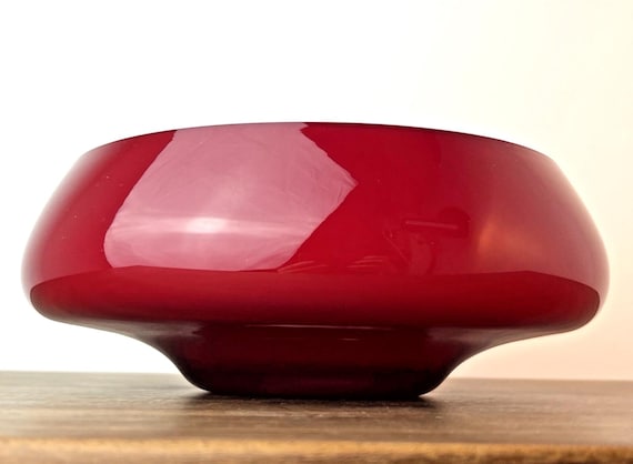 Vintage Red Glass Decorative Bowl White Internally, Mid Century Hand Blown Glass