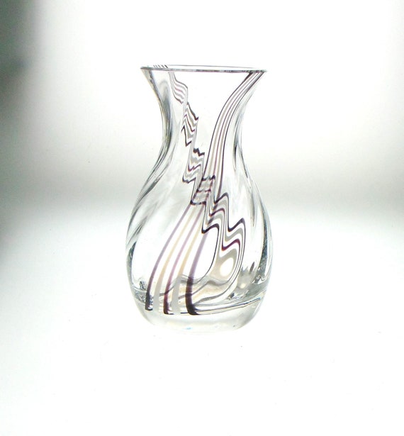 Vintage Caithness Ribbon Glass Vase with Twist Black & White Ribbon