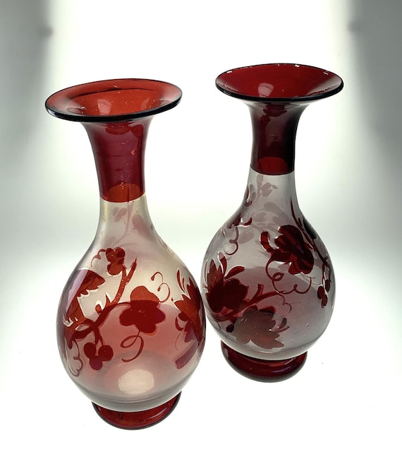 Bohemian Ruby Glass Vases with Bird & Floral Detail