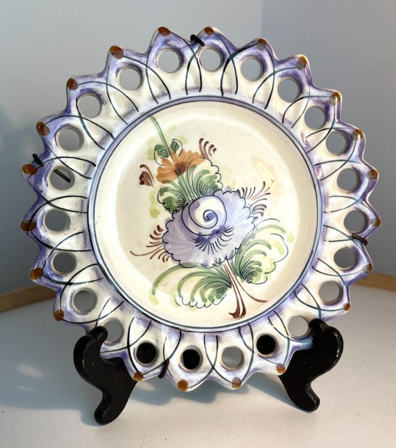 Vintage Portuguese Reticulated Decorative Wall/Display Plate Lilac & White 18cm