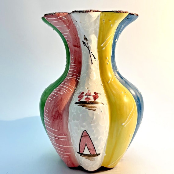 1956 Italian Vase in Ceramic with Camping Scene H16.5cm Mid Century Vintage