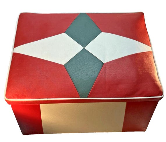 Mid Century Footstool Ottoman Stool Vinyl Red & White with Diamond Pattern Wood