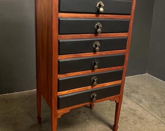 Antique Style 6 Drawer Chest Tallboy Cabinet Black/Wood Jewellery Storage 102cm