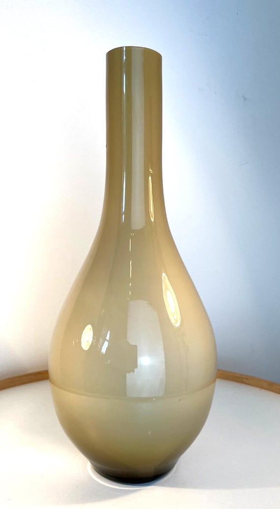 Mid Century Beige Brown Glass Vase Hand Blown Glass Bud Vase Narrow Neck Vase