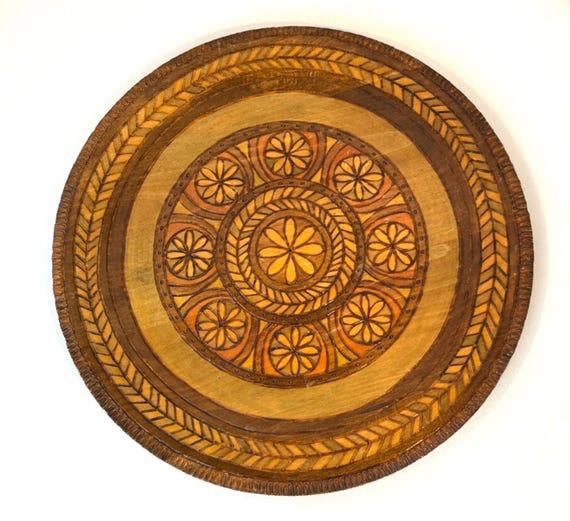 Vintage Wooden Decorative Wall Plate or Wall Hanging Inlaid Wood 30cm Diameter