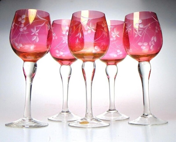 5 Mid Century Crystal Wine Glasses in Cranberry Glass with Etched Floral Detail