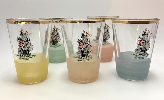 5 Mid Century Galleon Ship Shot Glasses. 1960s Coloured Glasses
