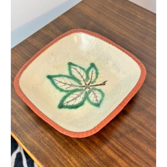 Mid Century Crosskeys Pottery Square Bowl with Leaf Design Jan & Zoe Ellison