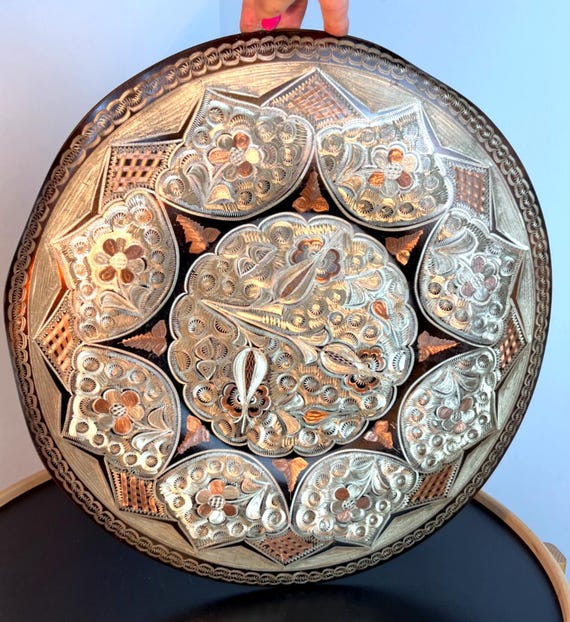 Ornate Engraved Copper Decorative Wall Plate 42cm Indian Folk Art Design LARGE