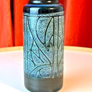 Mid Century Celtic Pottery Vase Newlyn Cornwall in Blue Medallion Pattern B89