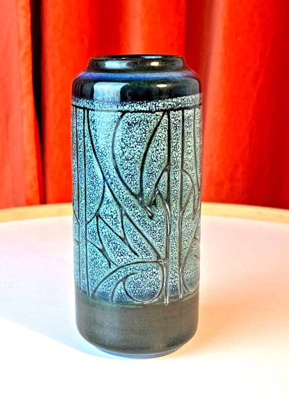 Mid Century Celtic Pottery Vase Newlyn Cornwall in Blue Medallion Pattern B89