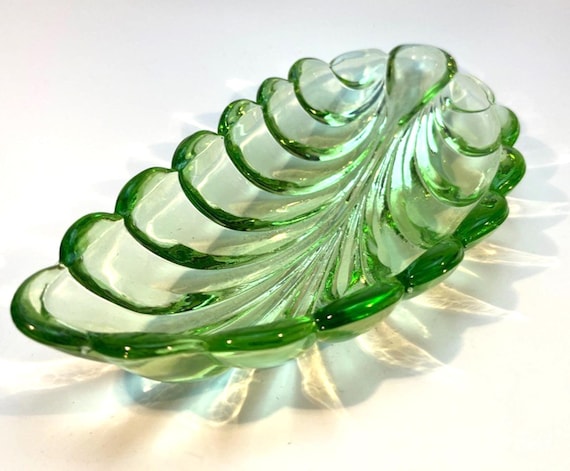 Art Deco Bagley Green Glass Leaf Dish or Bowl. Green Glass Decorative Bowl