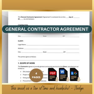 Può includere: Un modulo di contratto di appalto generale con campi vuoti per le informazioni del contraente e del cliente. Il modulo include sezioni per l'ambito di lavoro, la gestione del progetto, l'assunzione e gli acquisti. Il testo "This saved us a ton of time and headache! - Jordyn" è in fondo alla pagina.