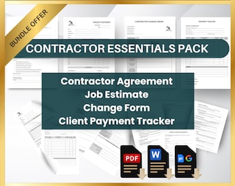 May include: A bundle of contractor essentials forms, including a contractor agreement, job estimate, change form, and client payment tracker. The forms are available in PDF, Word, and Google Docs formats.