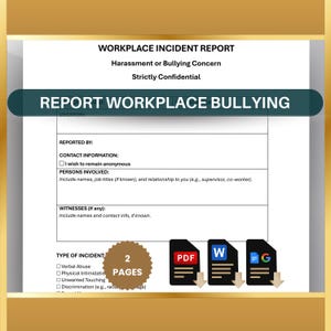 Może przedstawiać: Formularz zgłoszenia incydentu w miejscu pracy dotyczący molestowania. Formularz zawiera sekcje dotyczące szczegółów zgłoszenia, informacji kontaktowych, osób zaangażowanych, świadków i rodzaju incydentu. Formularz składa się z dwóch stron.