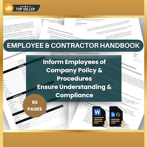 Puede incluir: Un manual azul y blanco titulado "Employee & Contractor Handbook" con el texto "Inform Employees of Company Policy & Procedures Ensure Understanding & Compliance" y un círculo blanco con el texto "50 Pages".