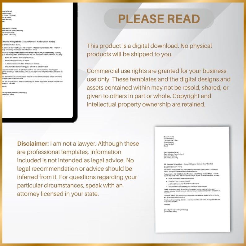 Debt Dispute Letter Template Legal Disclaimer and Usage Rights
