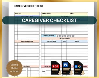 Caregiver Checklist: Daily Elderly Patient and Disabled Care Log, Medical Health Tracker for Carers (Printable PDF, Edit Word, Google Docs)